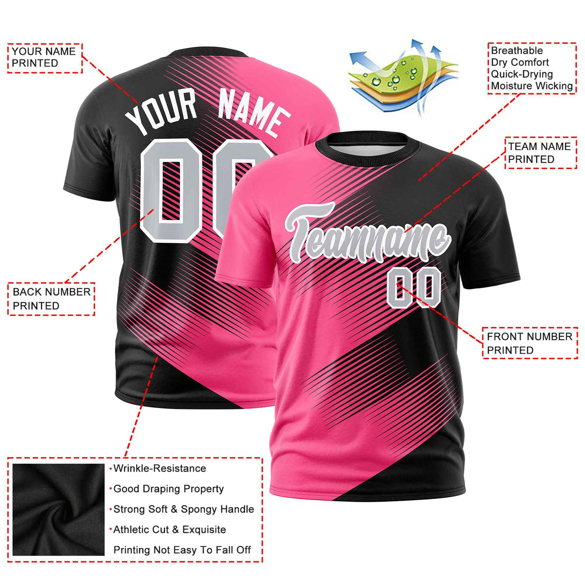 Custom Black Pink 3D Pattern Design Gradient Slope Shapes Performance T-Shirt