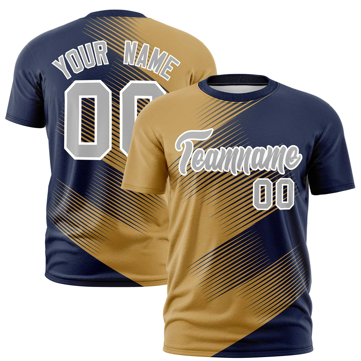 Custom Navy Old Gold 3D Pattern Design Gradient Slope Shapes Performance T-Shirt
