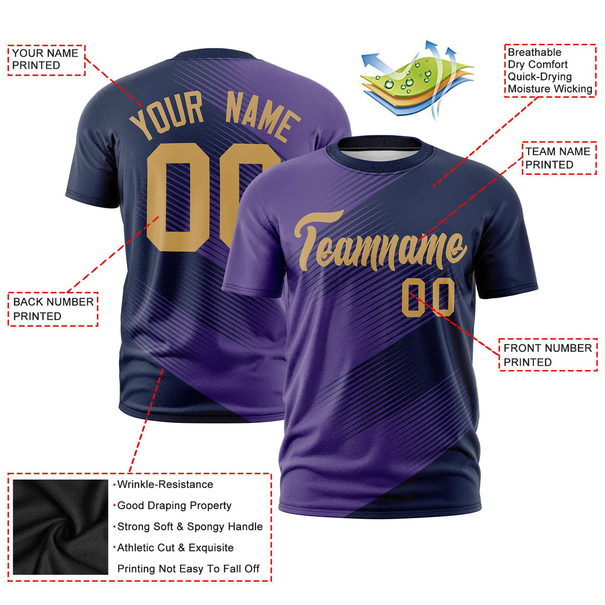 Custom Navy Purple 3D Pattern Design Gradient Slope Shapes Performance T-Shirt
