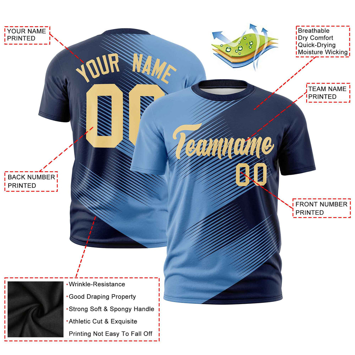 Custom Navy Powder Blue 3D Pattern Design Gradient Slope Shapes Performance T-Shirt