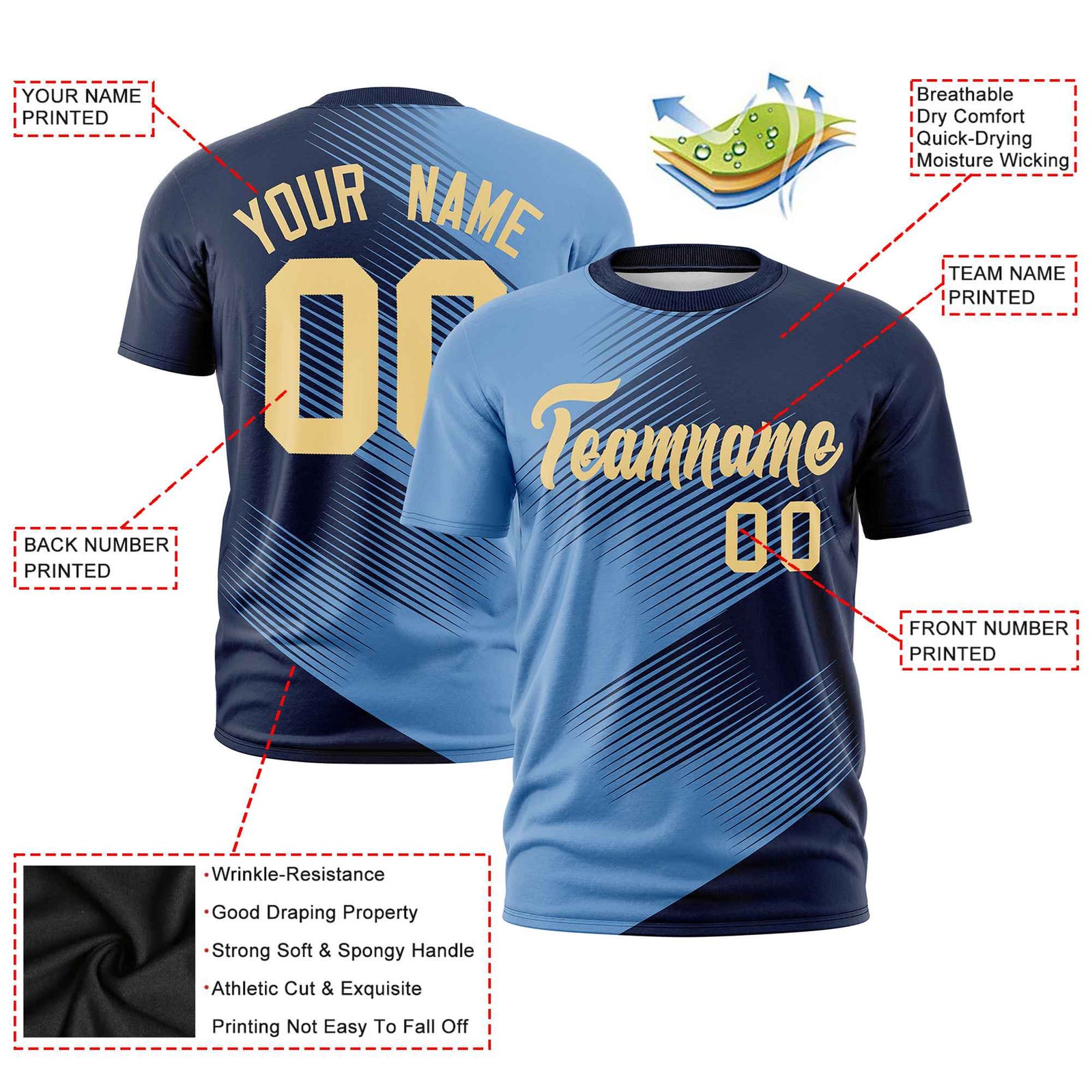 Custom Navy Powder Blue 3D Pattern Design Gradient Slope Shapes Performance T-Shirt