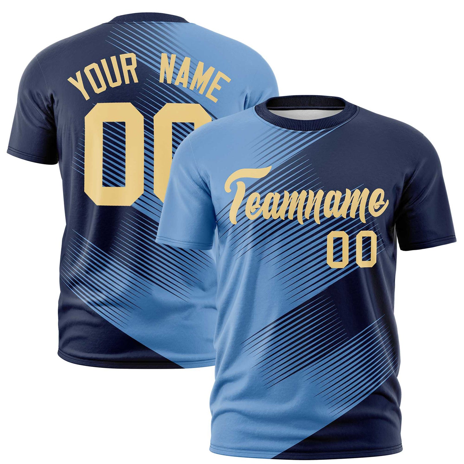 Custom Navy Powder Blue 3D Pattern Design Gradient Slope Shapes Performance T-Shirt