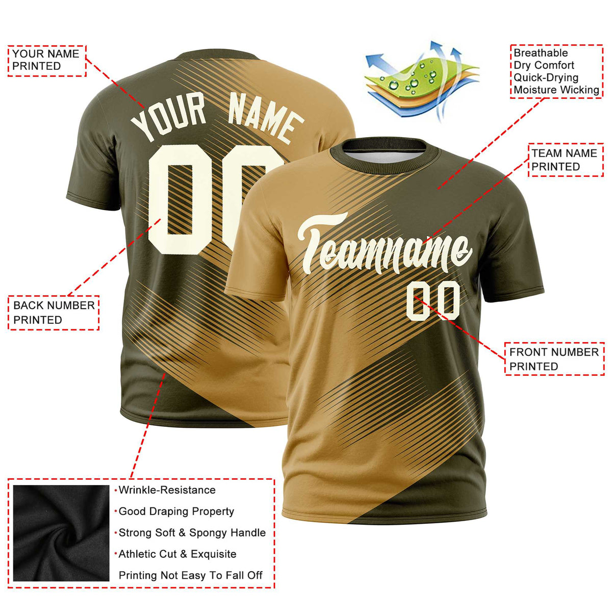 Custom Old Gold Olive 3D Pattern Design Gradient Slope Shapes Performance T-Shirt