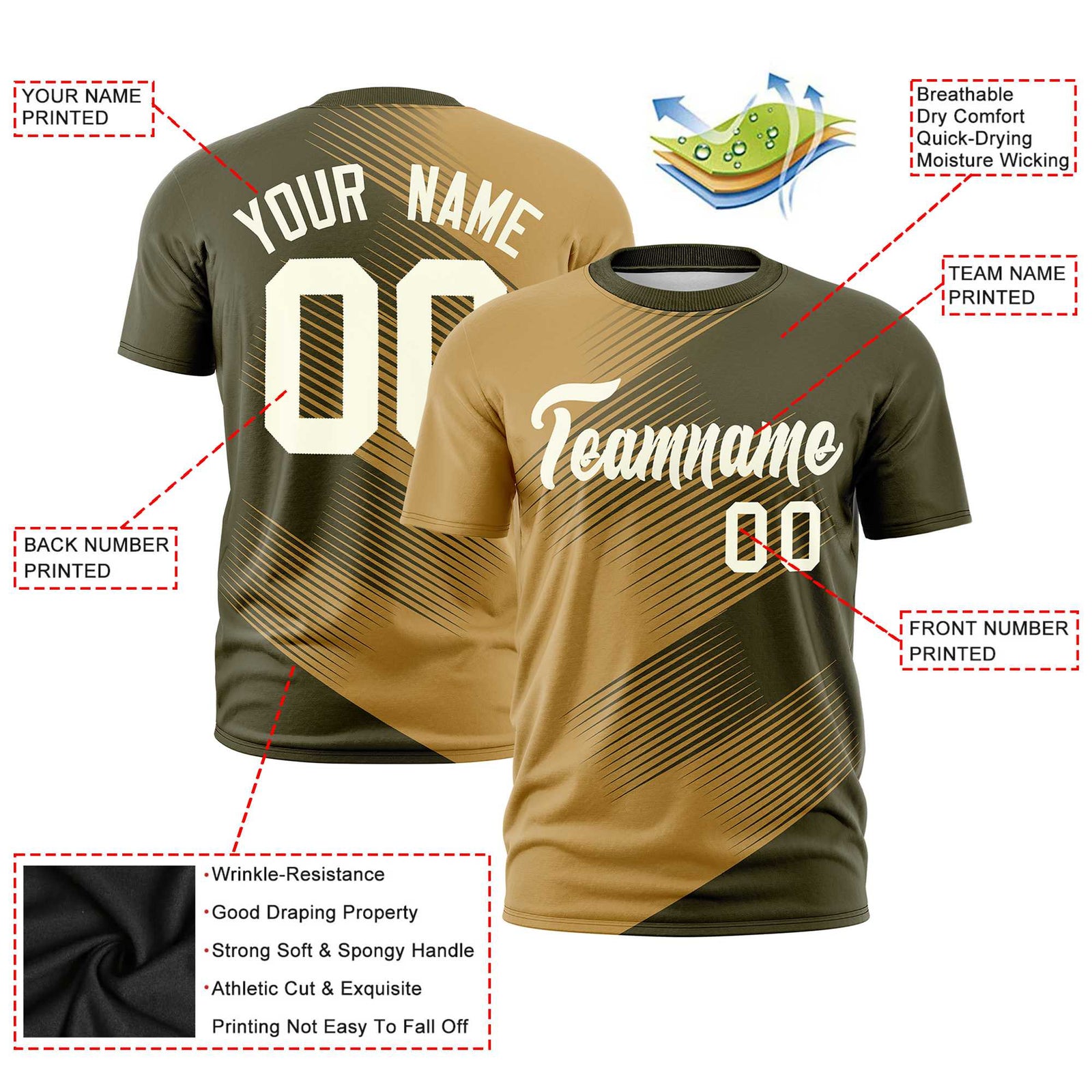 Custom Old Gold Olive 3D Pattern Design Gradient Slope Shapes Performance T-Shirt