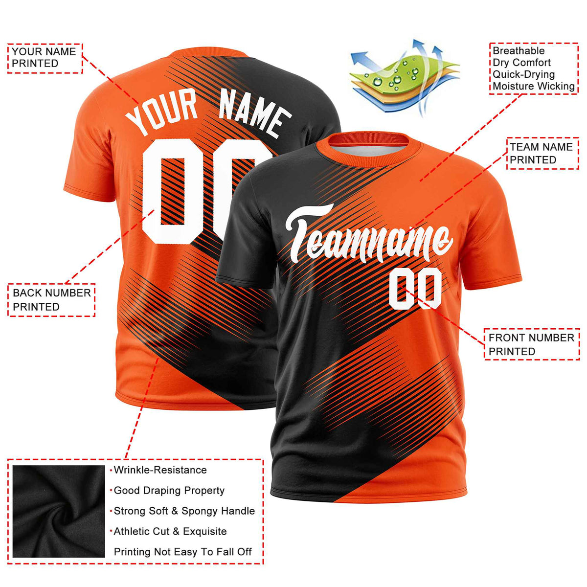 Custom Black Orange 3D Pattern Design Gradient Slope Shapes Performance T-Shirt