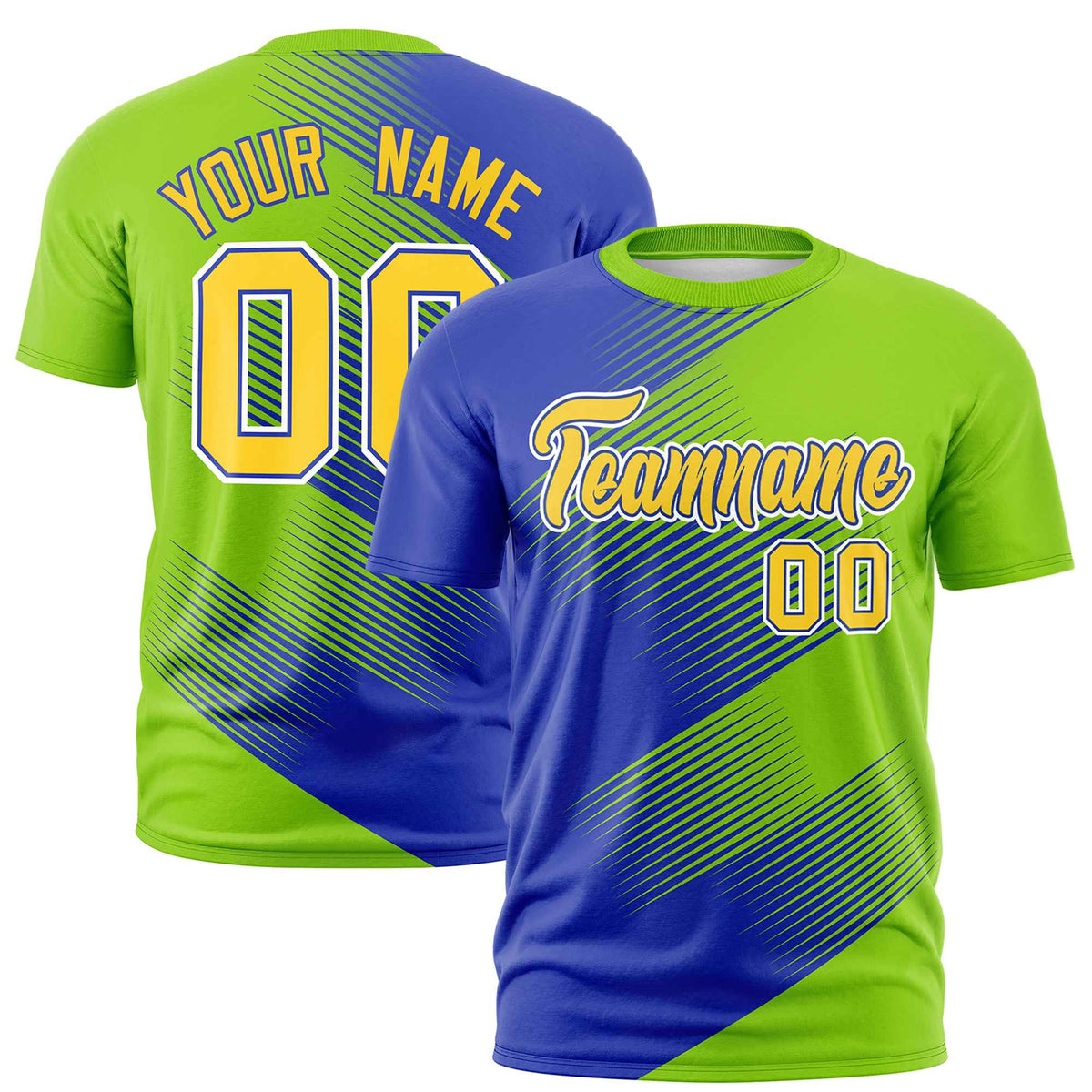 Custom Royal Blue Neon Green 3D Pattern Design Gradient Slope Shapes Performance T-Shirt
