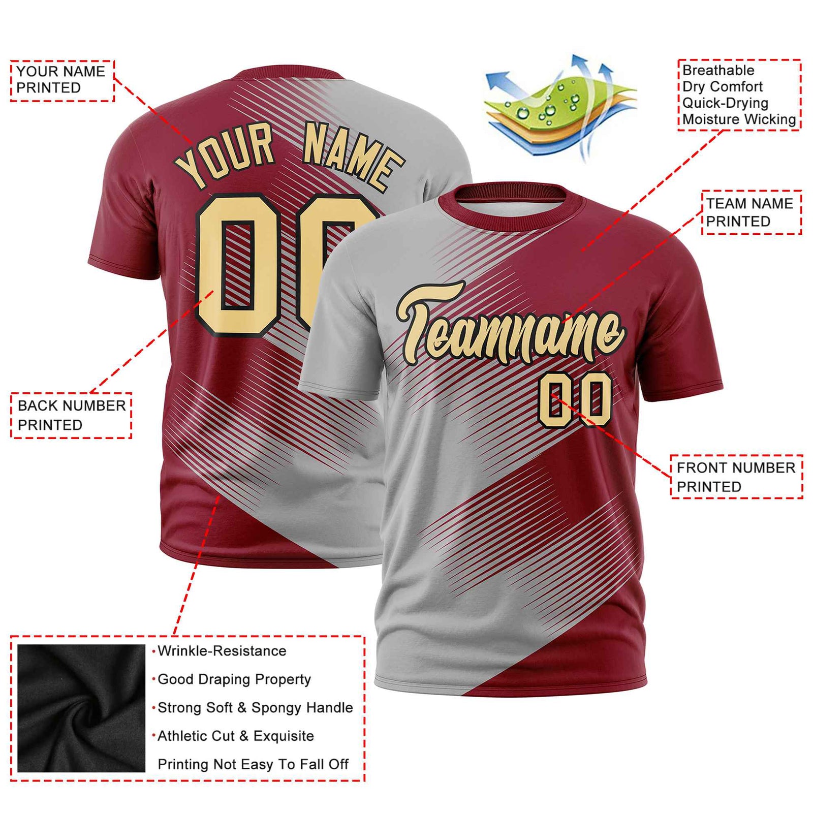 Custom Gray Crimson 3D Pattern Design Gradient Slope Shapes Performance T-Shirt