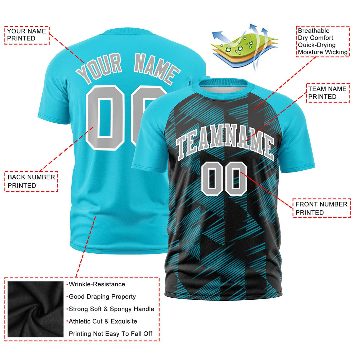 Custom Black Sky Blue Crew neck Triangular Shapes Design Performance T-Shirt