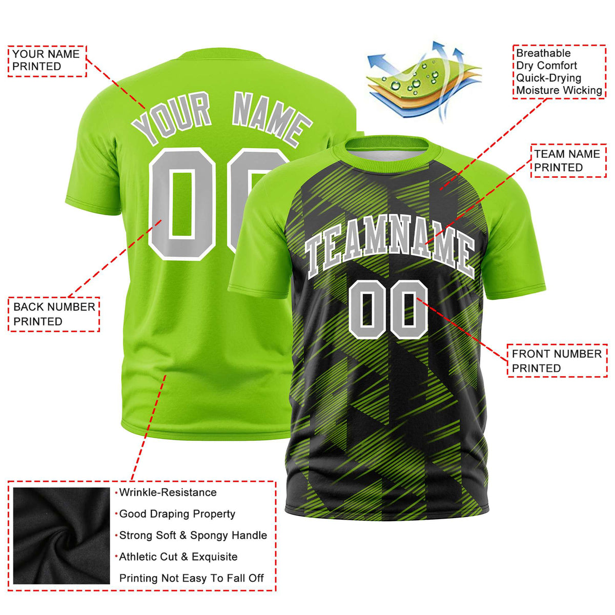 Custom Black Neon Green Crew neck Triangular Shapes Design Performance T-Shirt