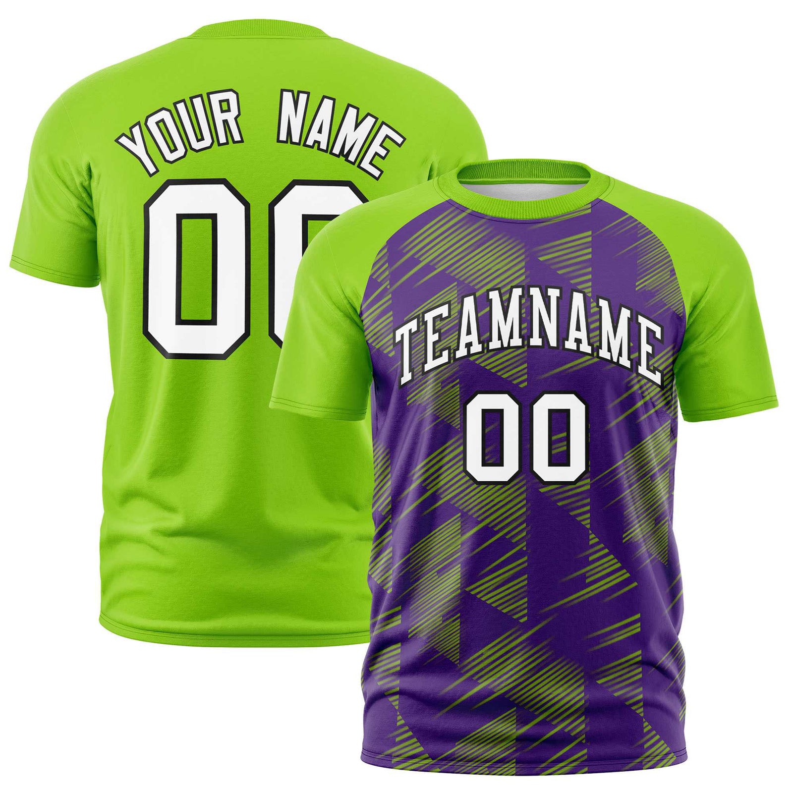 Custom Purple Neon Green Crew neck Triangular Shapes Design Performance T-Shirt