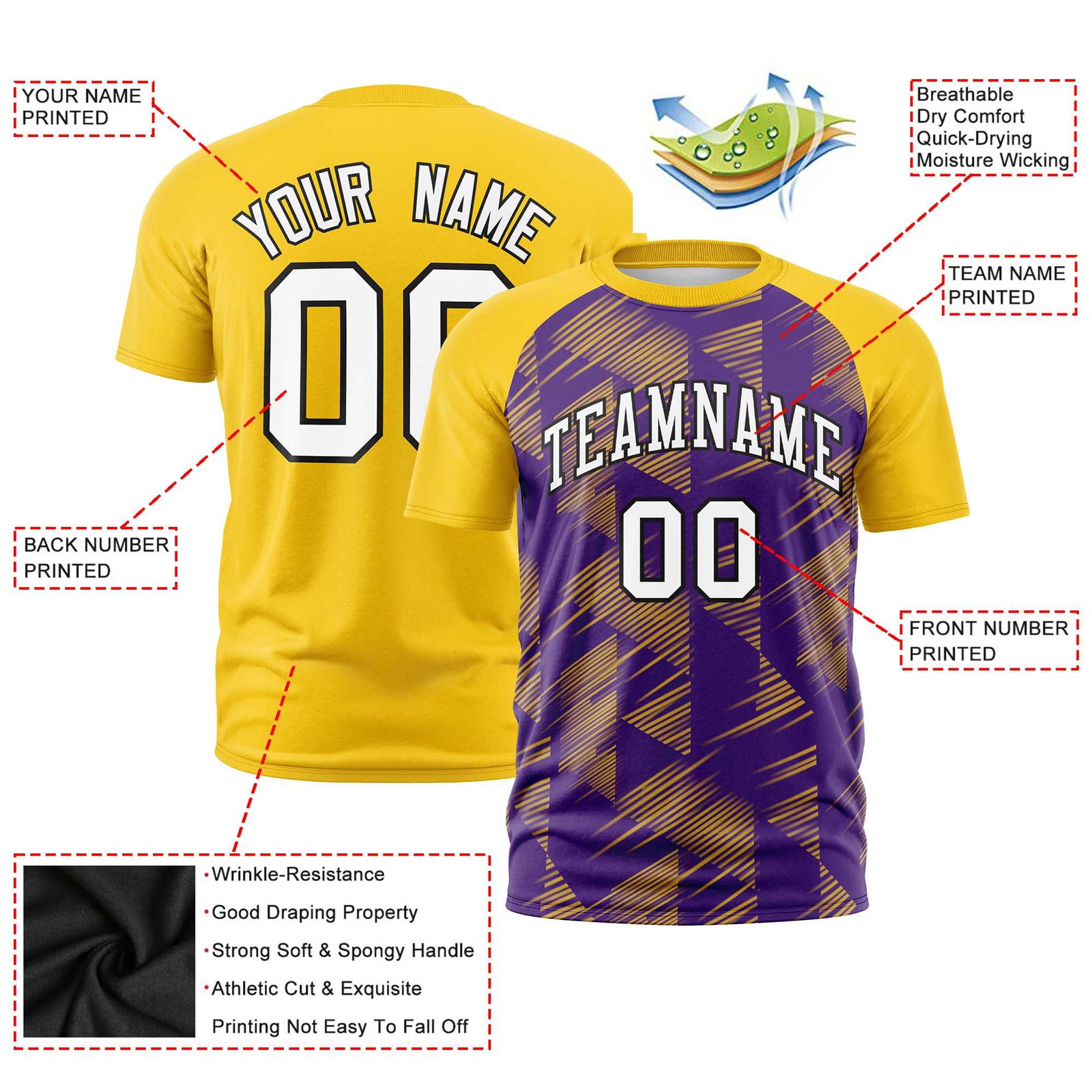 Custom Purple Gold-01 Crew neck Triangular Shapes Design Performance T-Shirt