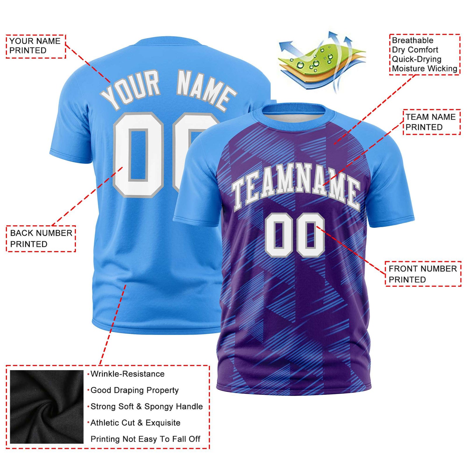 Custom Purple Powder Blue Crew neck Triangular Shapes Design Performance T-Shirt