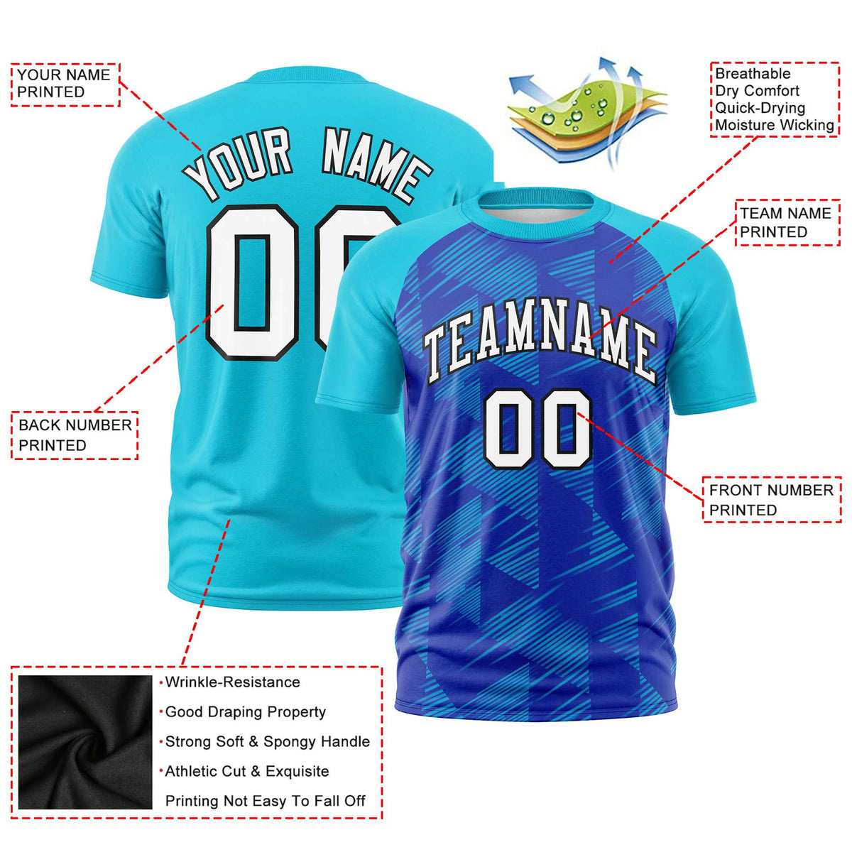 Custom Royal Blue Sky Blue Crew neck Triangular Shapes Design Performance T-Shirt