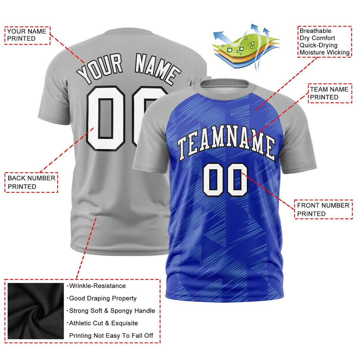 Custom Royal Blue Gray Crew neck Triangular Shapes Design Performance T-Shirt