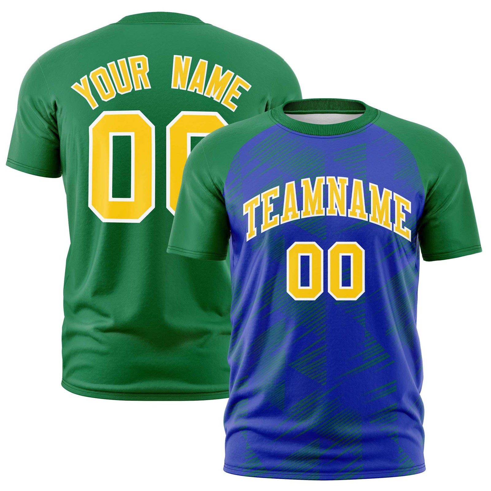 Custom Royal Blue Kelly Green Crew neck Triangular Shapes Design Performance T-Shirt