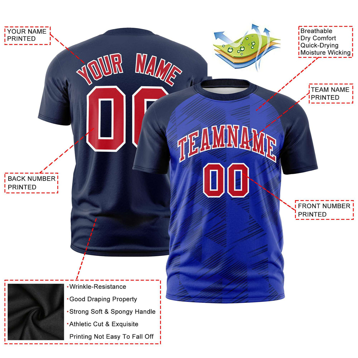 Custom Royal Blue Navy Crew neck Triangular Shapes Design Performance T-Shirt