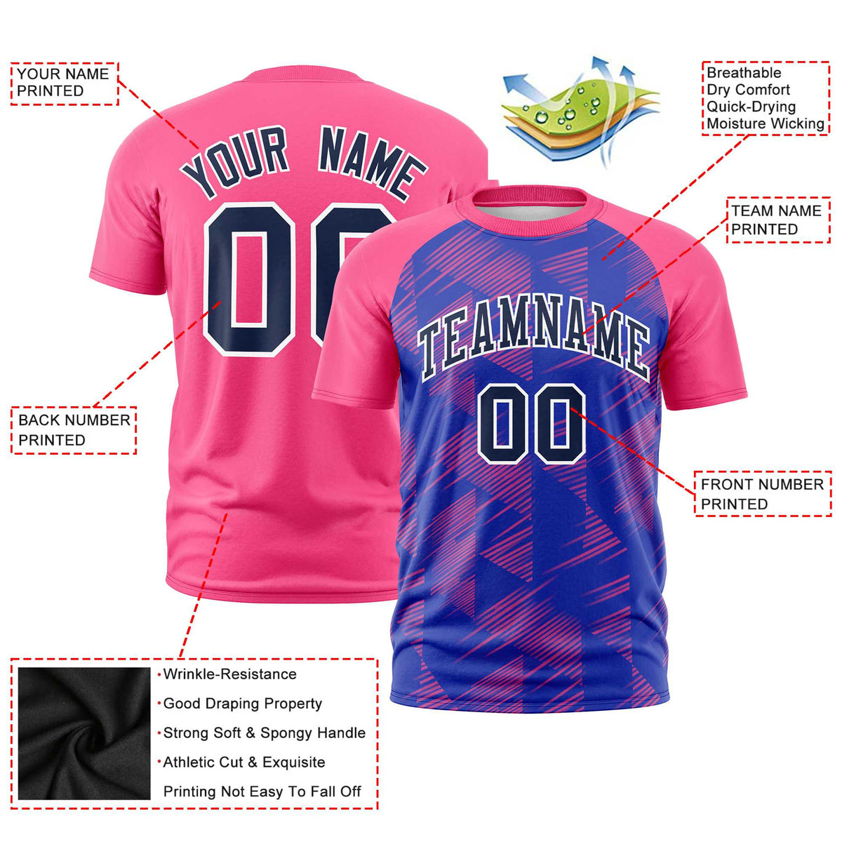 Custom Royal Blue Pink Crew neck Triangular Shapes Design Performance T-Shirt