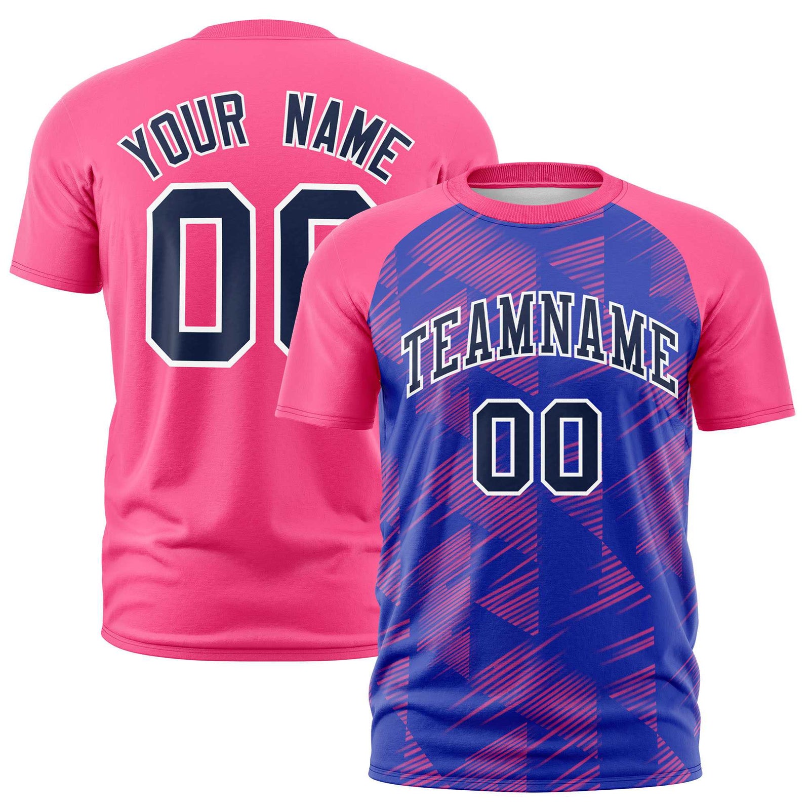 Custom Royal Blue Pink Crew neck Triangular Shapes Design Performance T-Shirt