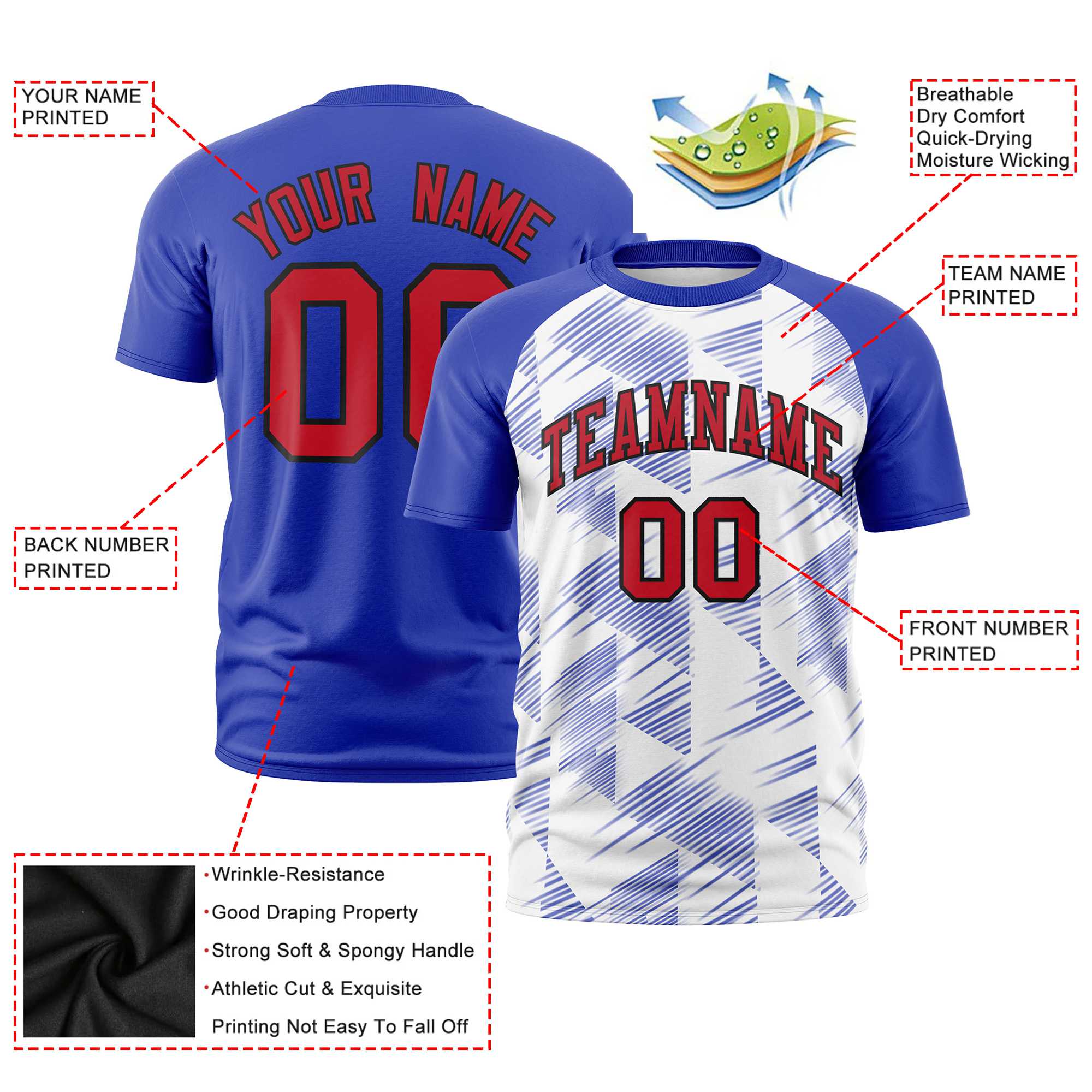 Custom White Royal Blue Crew neck Triangular Shapes Design Performance T-Shirt