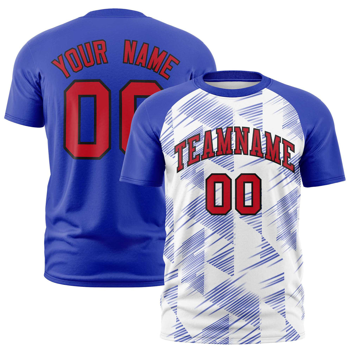 Custom White Royal Blue Crew neck Triangular Shapes Design Performance T-Shirt