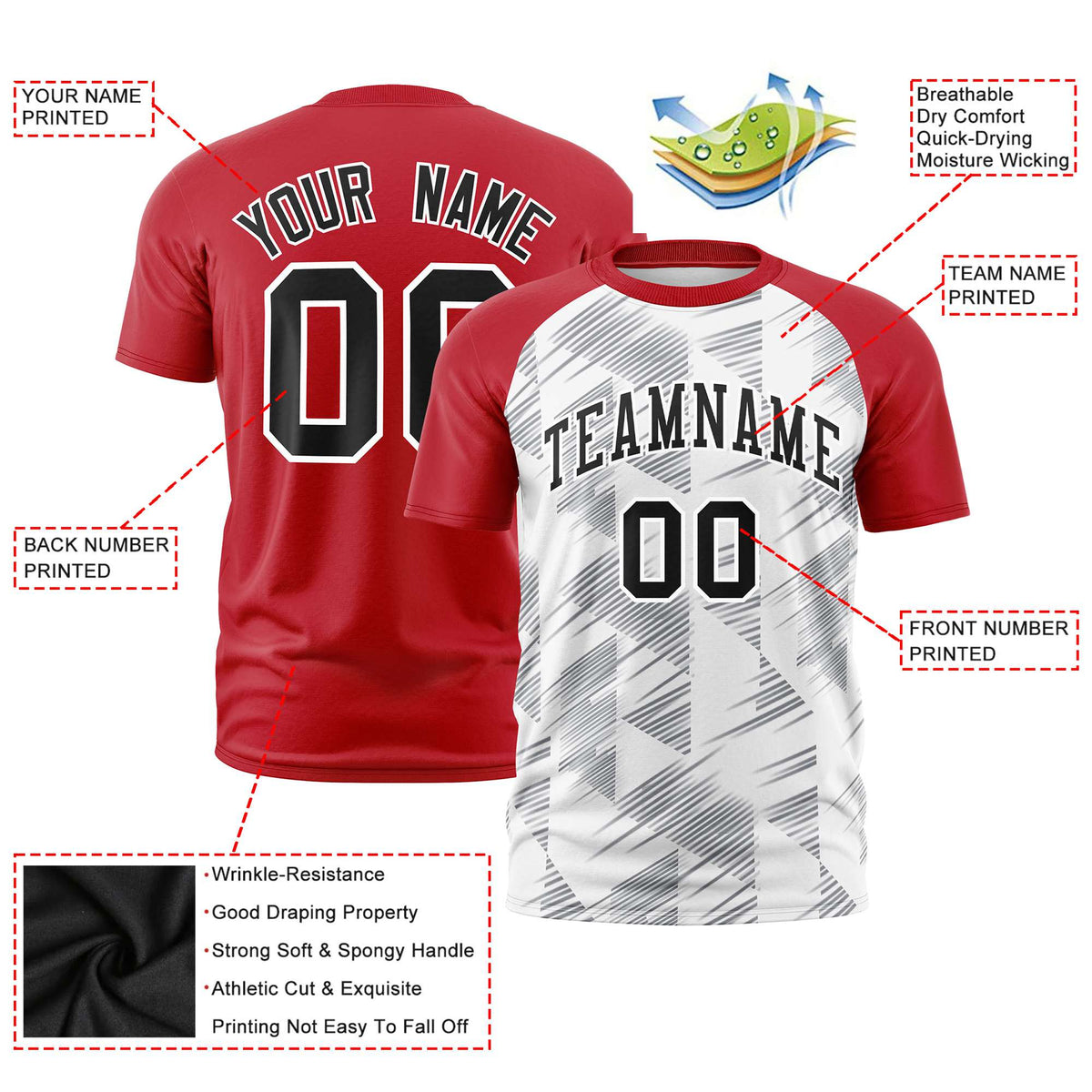 Custom White Red Crew neck Triangular Shapes Design Performance T-Shirt