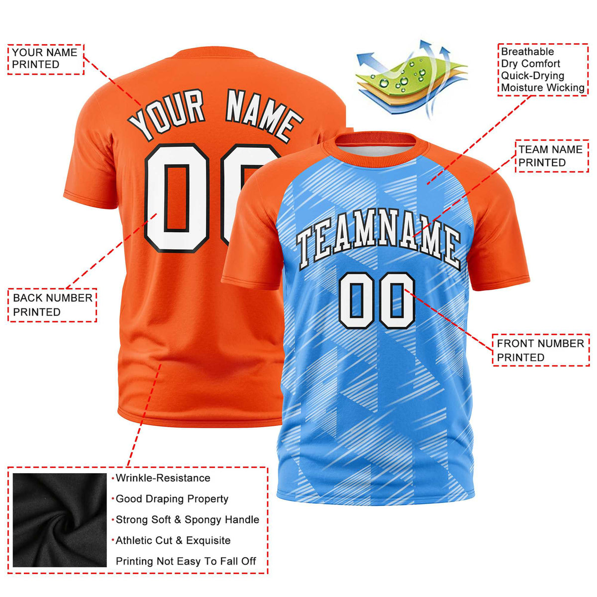 Custom Powder Blue Orange Crew neck Triangular Shapes Design Performance T-Shirt
