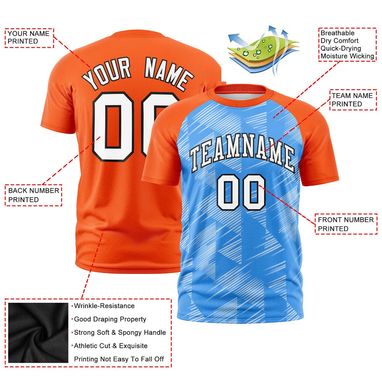 Custom Powder Blue Orange Crew neck Triangular Shapes Design Performance T-Shirt