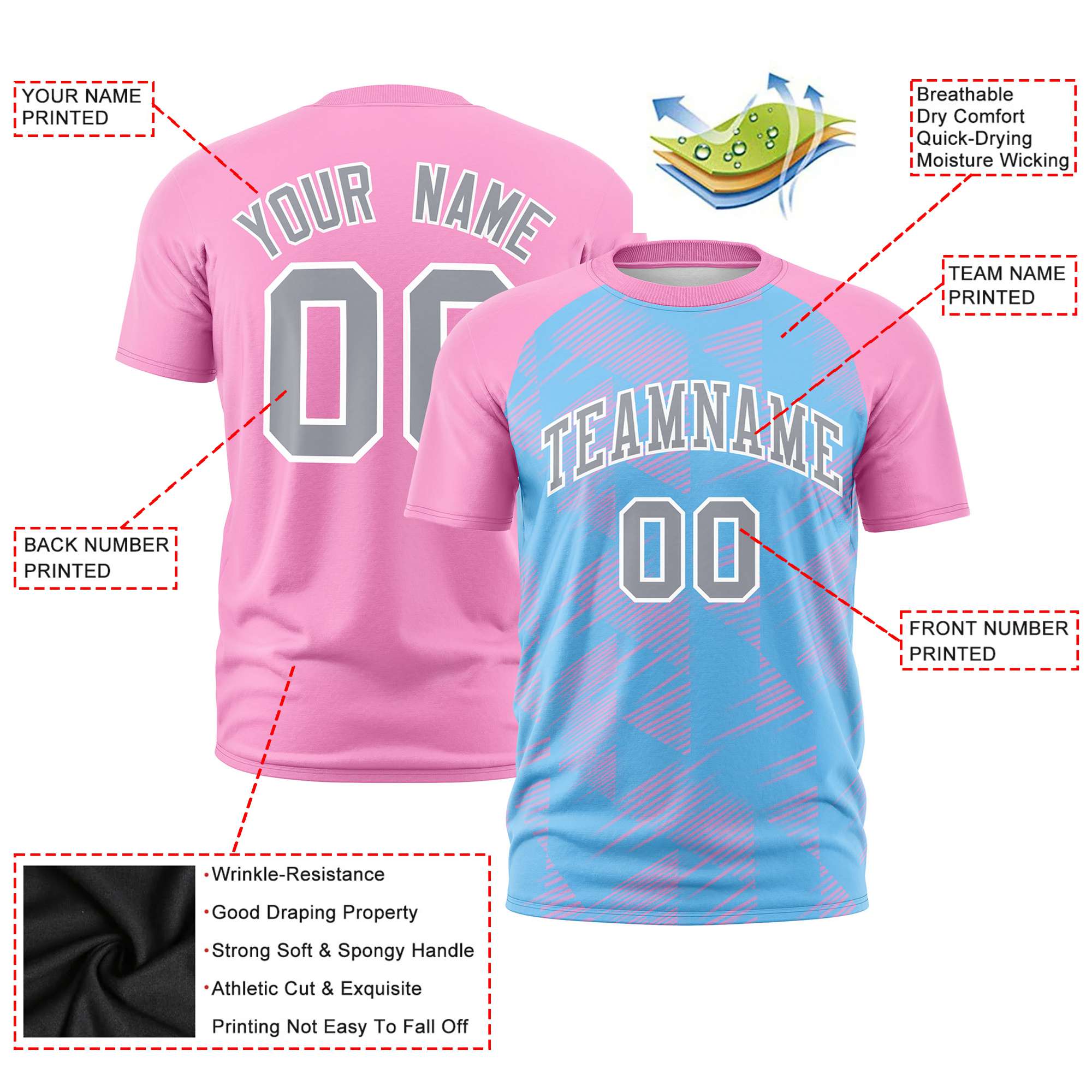 Custom Pink Blue Crew neck Triangular Shapes Design Performance T-Shirt