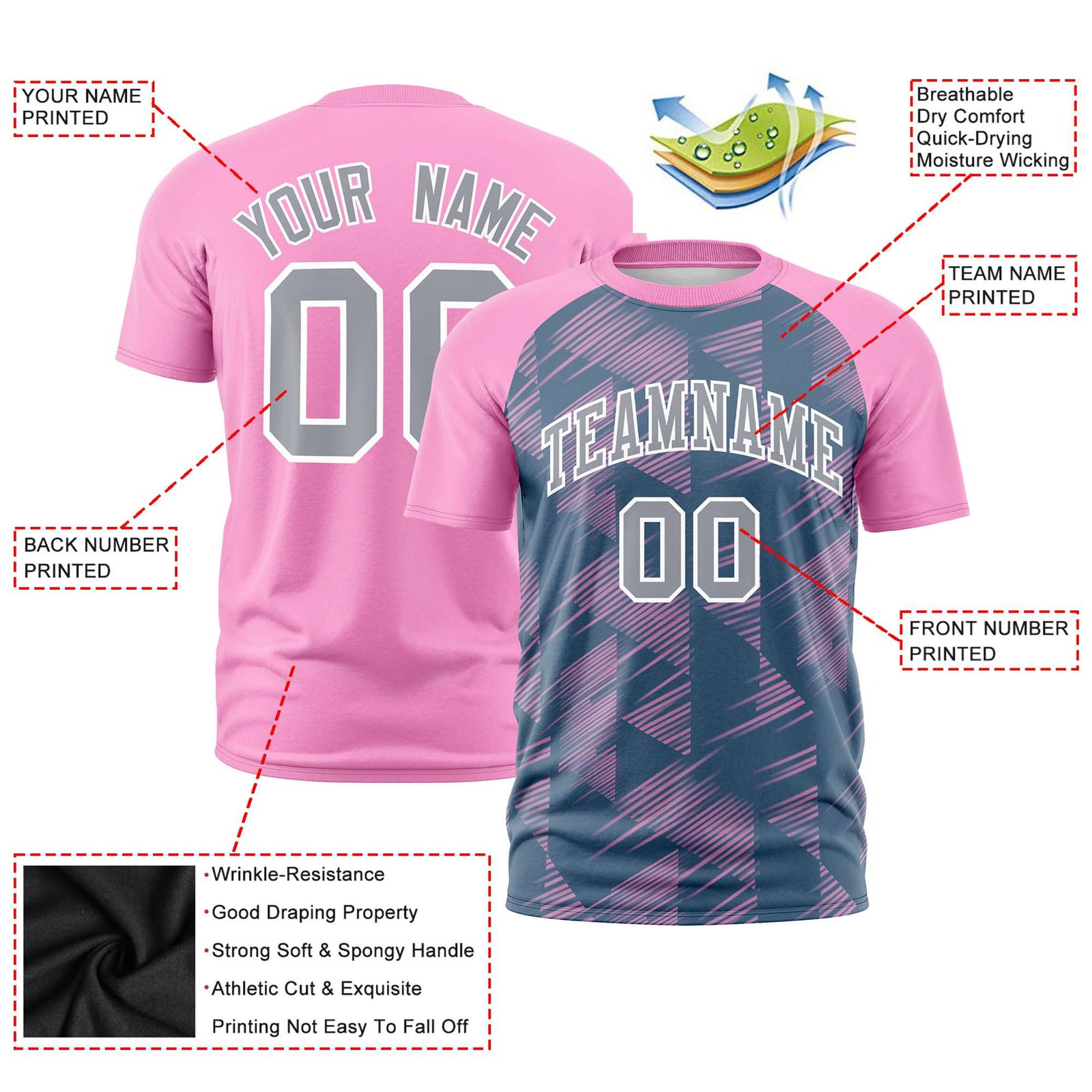 Custom Midnight Blue Pink Crew neck Triangular Shapes Design Performance T-Shirt