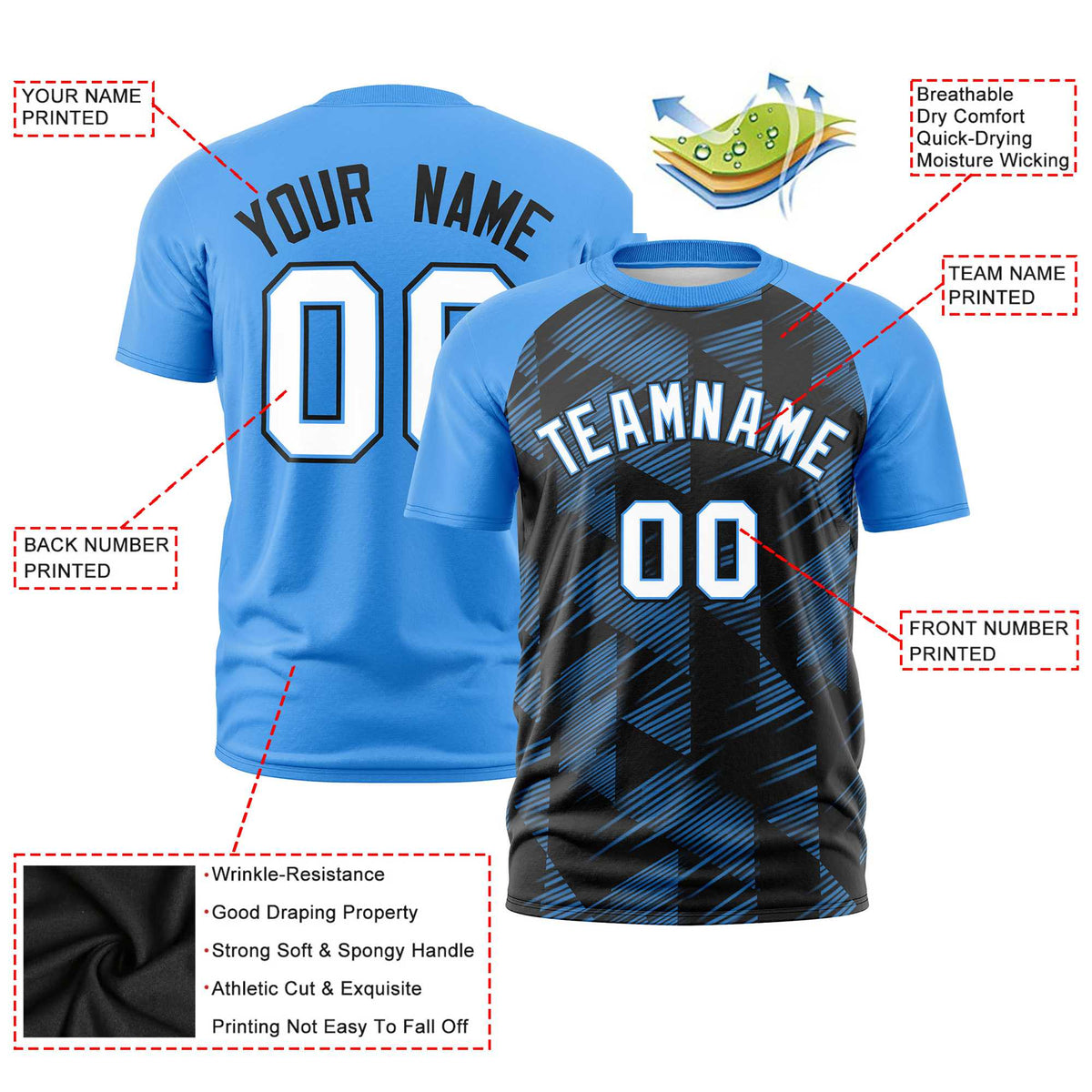 Custom Black Powder Blue Crew neck Triangular Shapes Design Performance T-Shirt