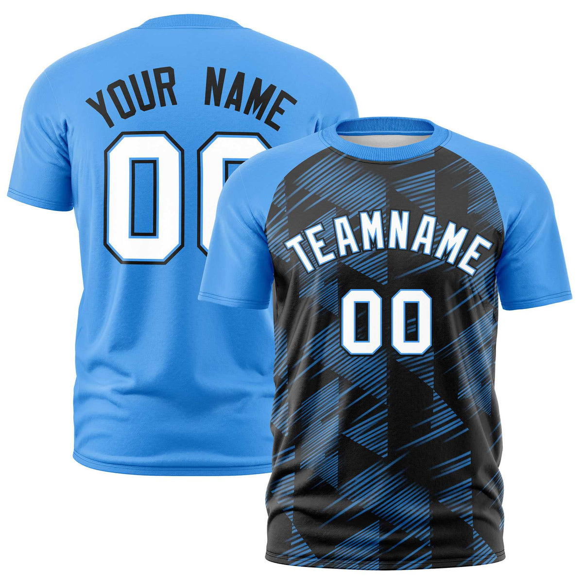 Custom Black Powder Blue Crew neck Triangular Shapes Design Performance T-Shirt