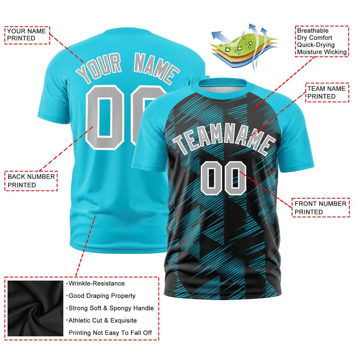 Custom Black Sky Blue Crew neck Triangular Shapes Design Performance T-Shirt