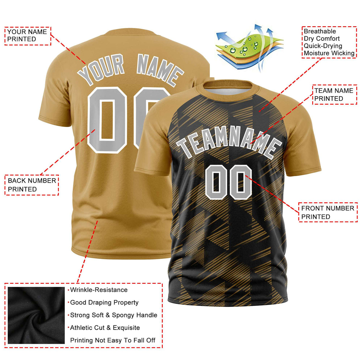 Custom Black Old Gold Crew neck Triangular Shapes Design Performance T-Shirt