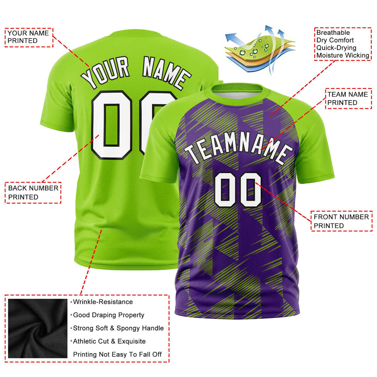 Custom Purple Neon Green Crew neck Triangular Shapes Design Performance T-Shirt