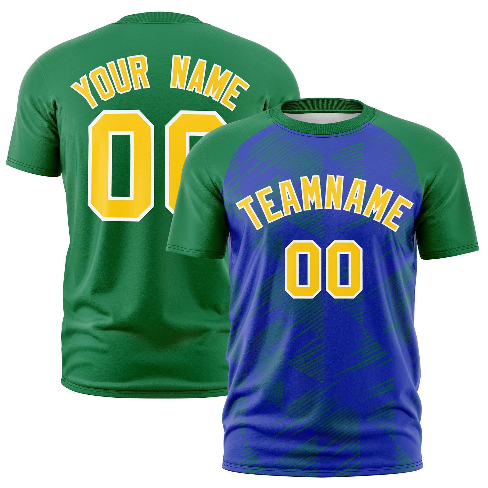 Custom Royal Blue Kelly Green Crew neck Triangular Shapes Design Performance T-Shirt