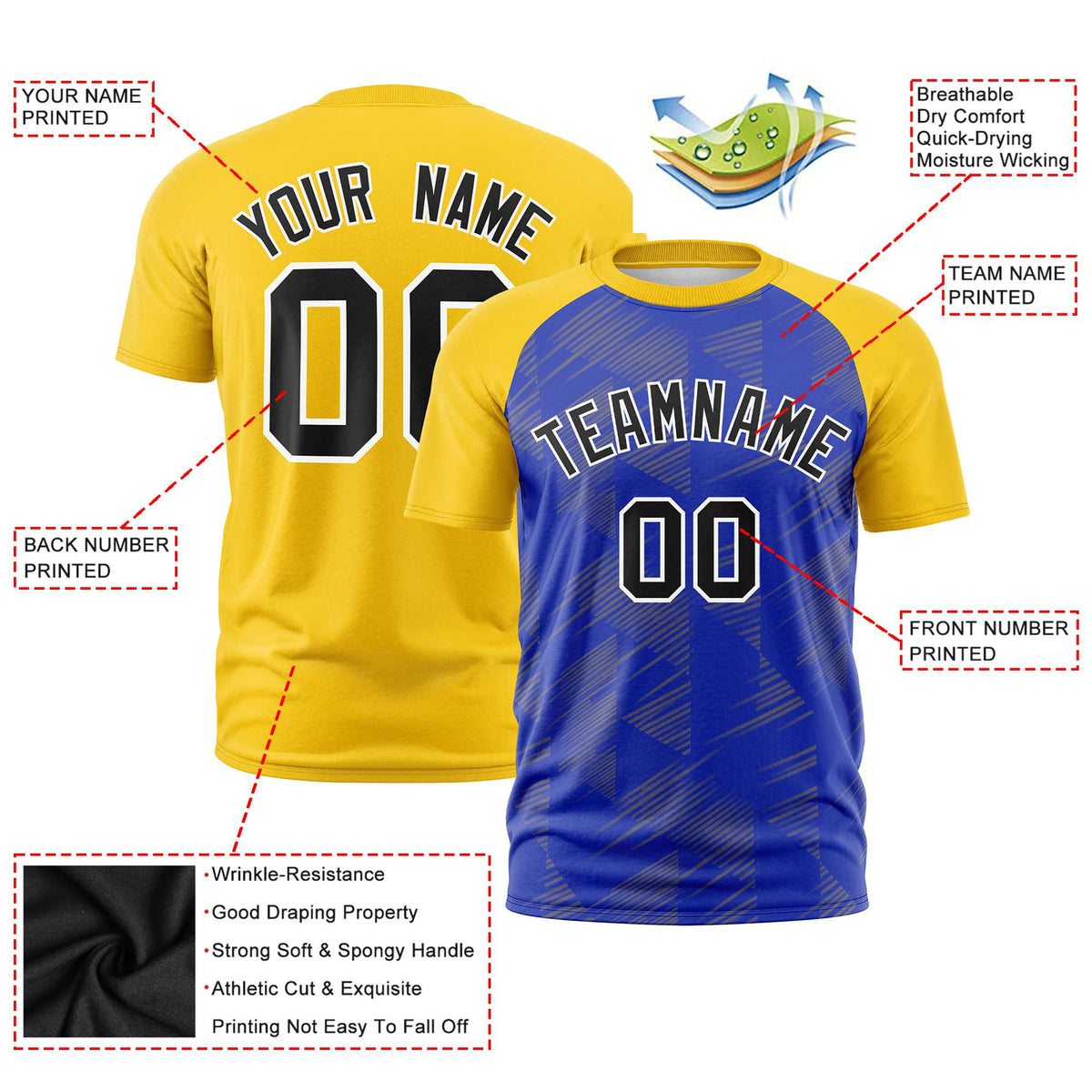 Custom Royal Blue Gold-01 Crew neck Triangular Shapes Design Performance T-Shirt