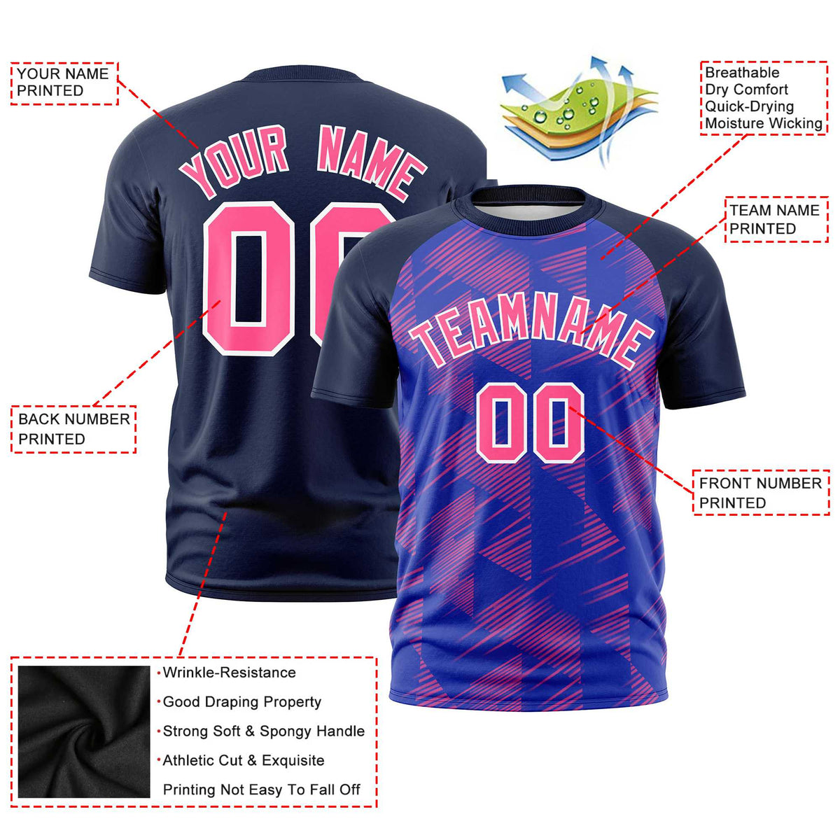 Custom Royal Blue Navy Crew neck Triangular Shapes Design Performance T-Shirt