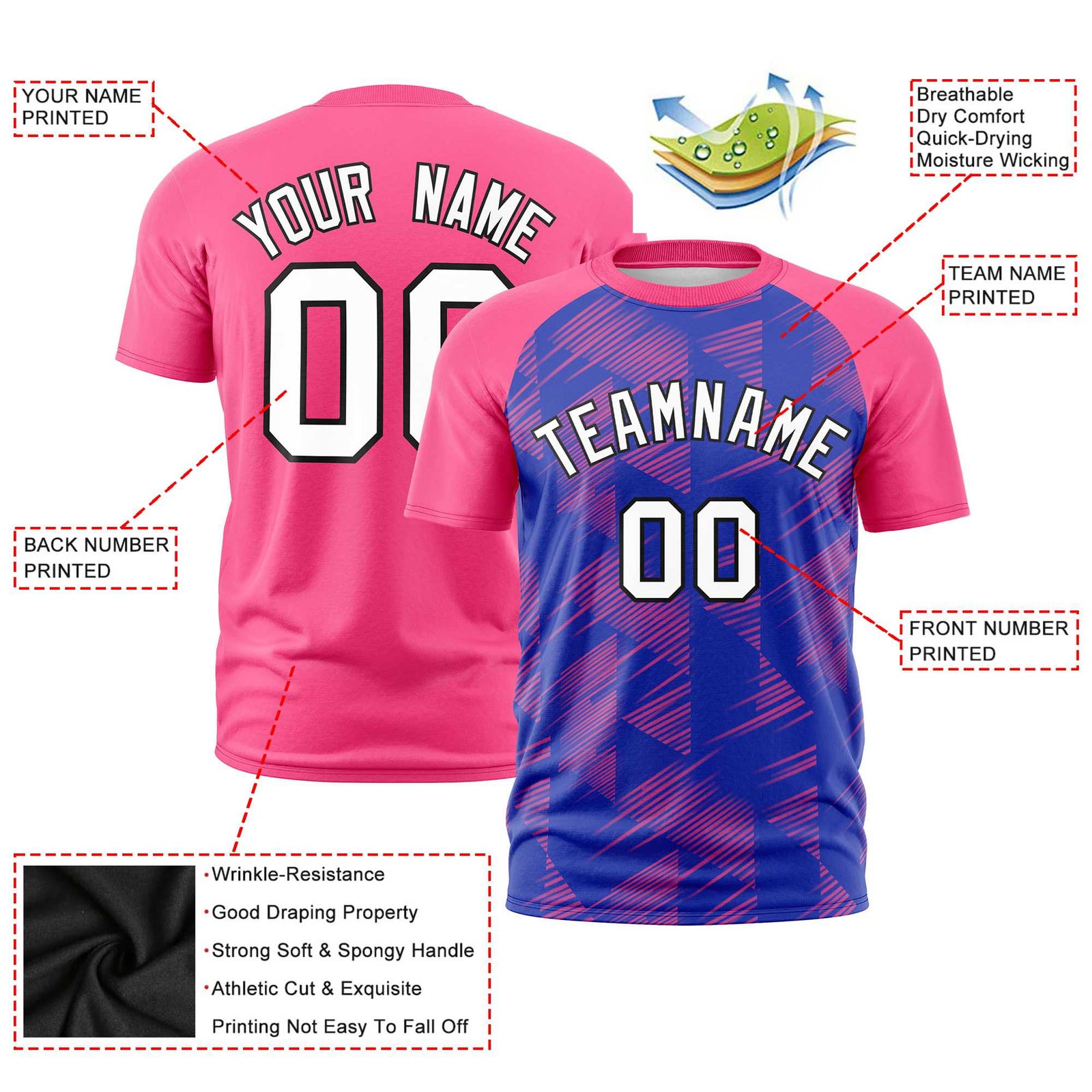 Custom Royal Blue Pink Crew neck Triangular Shapes Design Performance T-Shirt