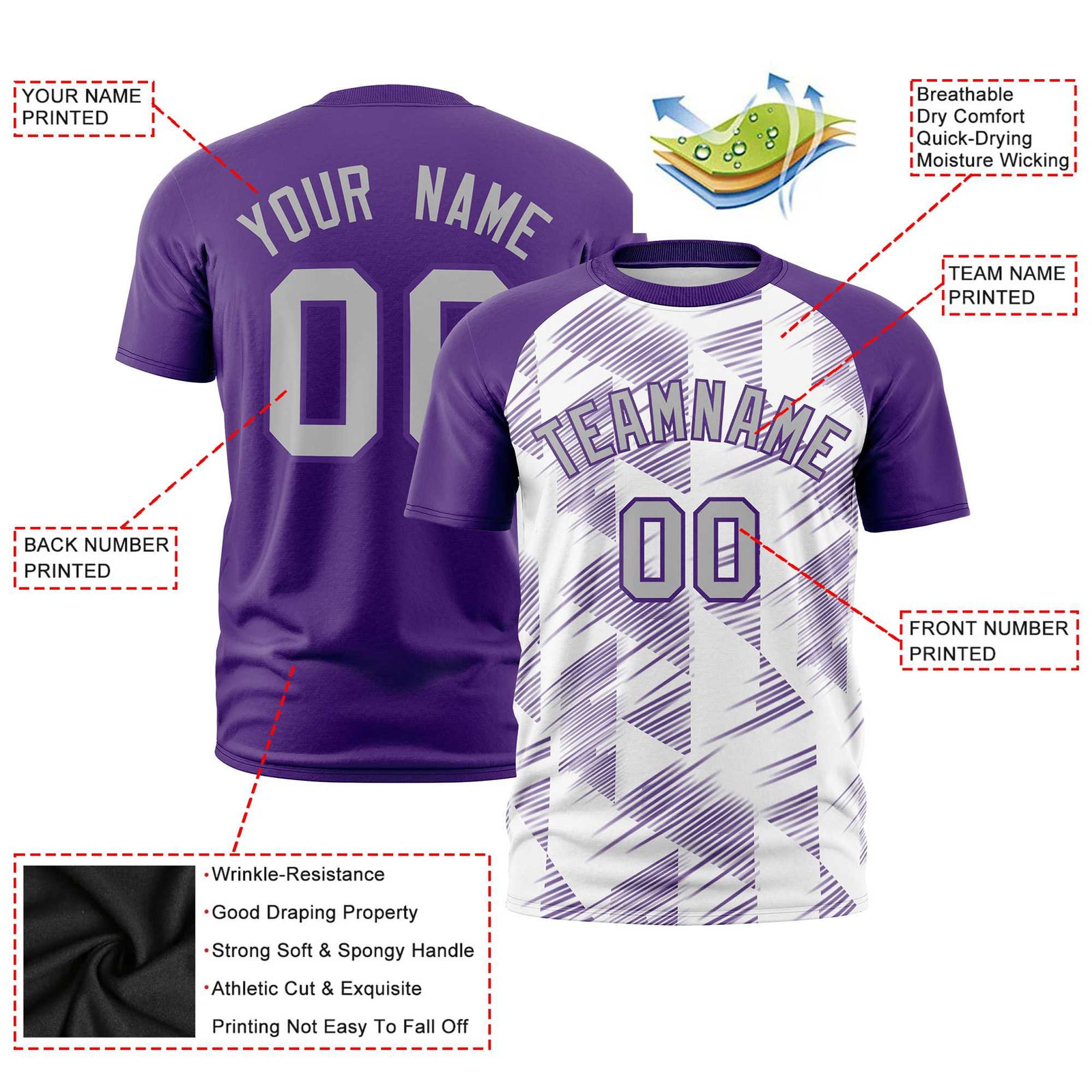 Custom White Purple Crew neck Triangular Shapes Design Performance T-Shirt