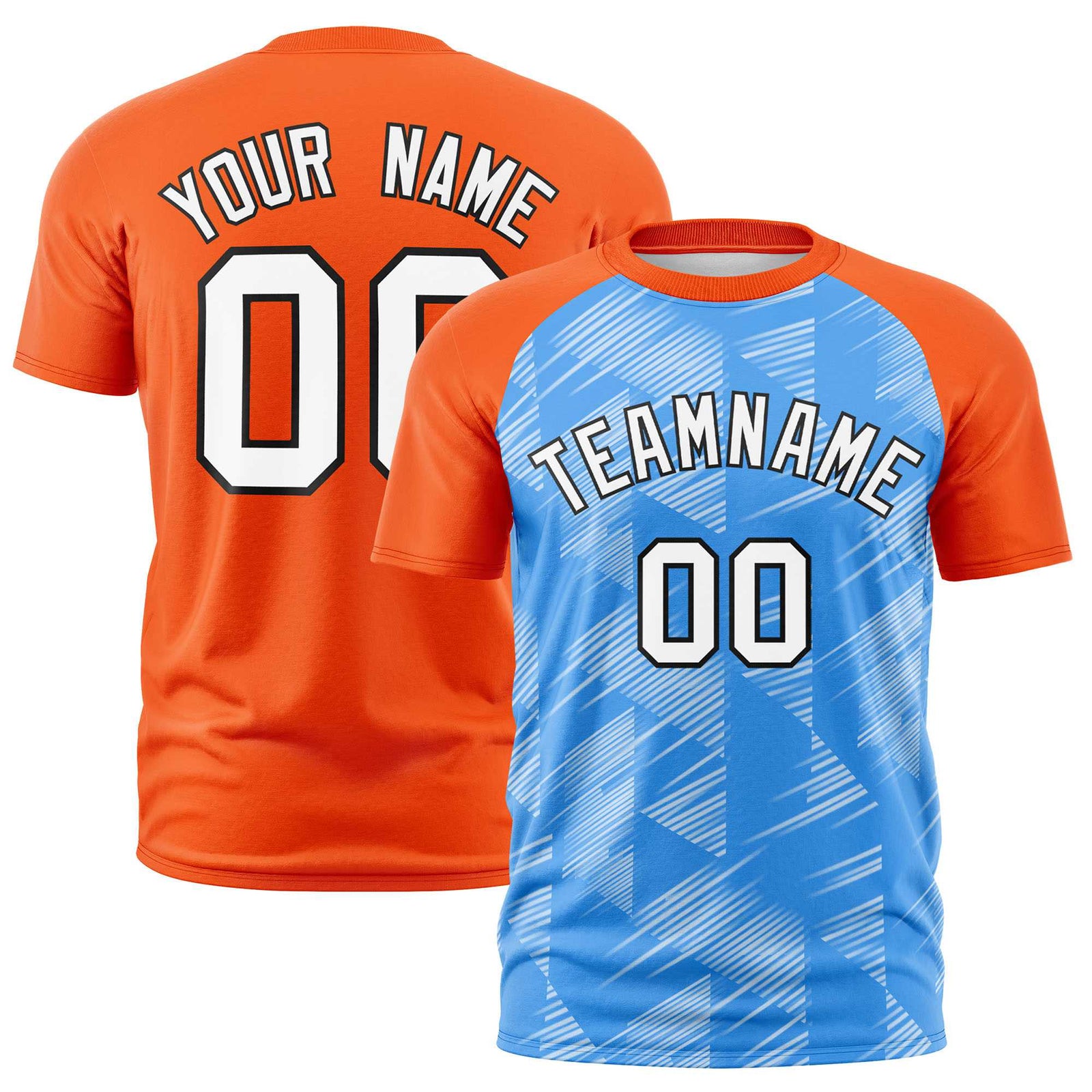 Custom Powder Blue Orange Crew neck Triangular Shapes Design Performance T-Shirt