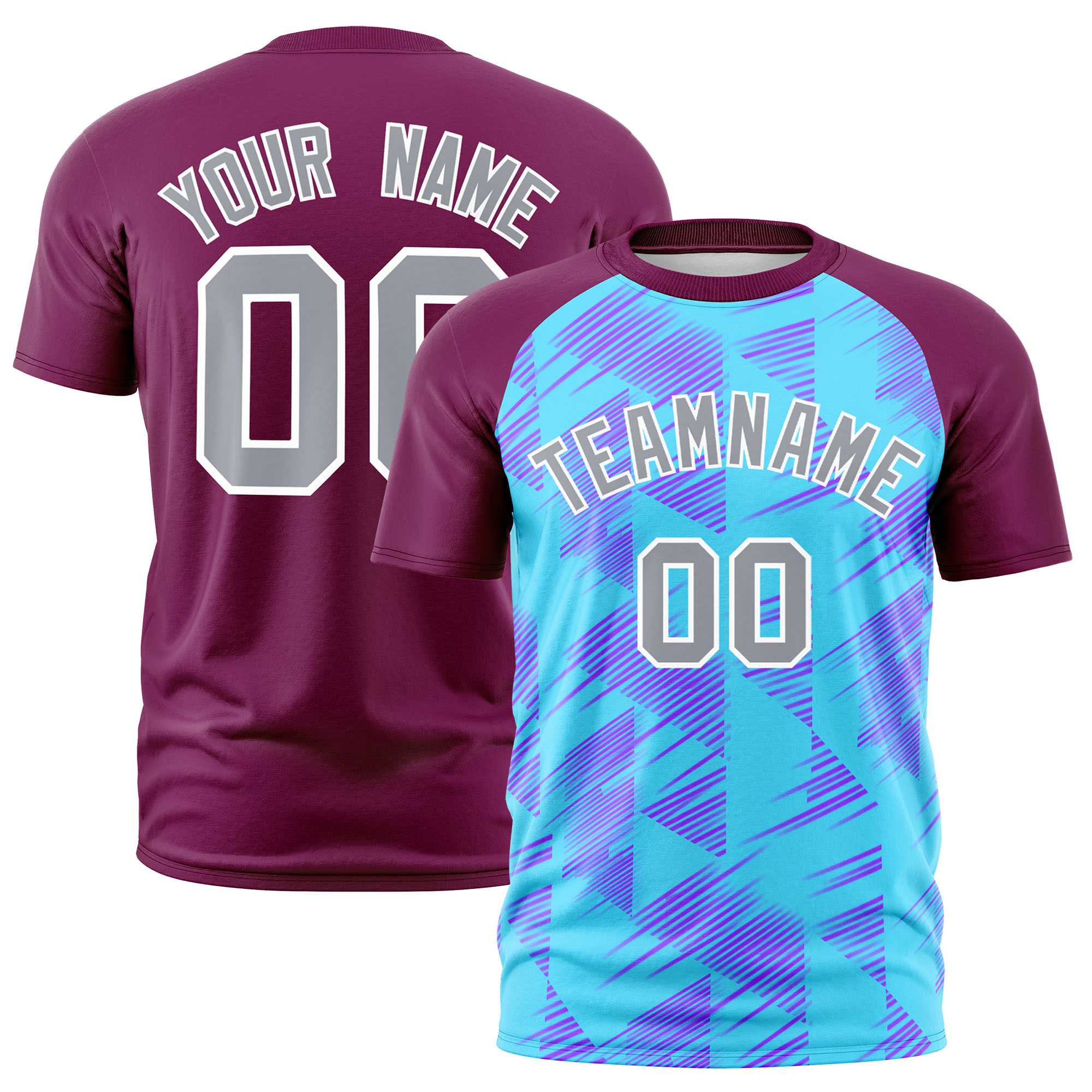 Custom Sky Blue Red Crew neck Triangular Shapes Design Performance T-Shirt