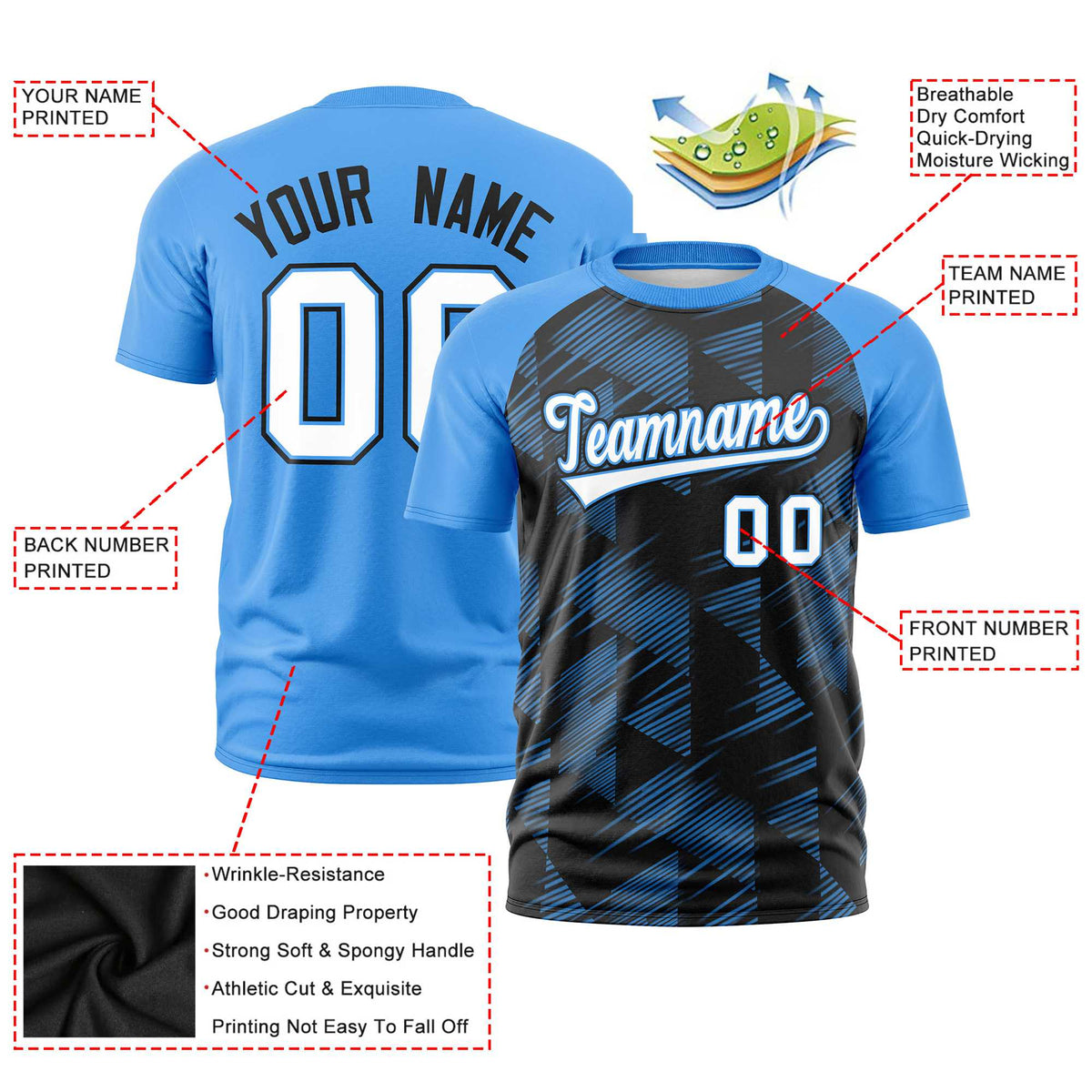 Custom Black Powder Blue Crew neck Triangular Shapes Design Performance T-Shirt