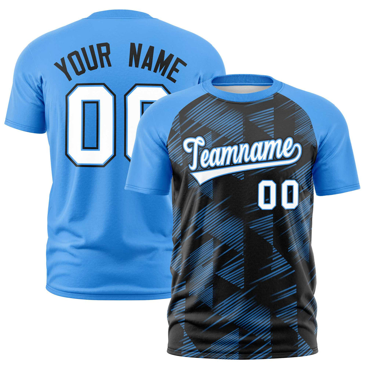 Custom Black Powder Blue Crew neck Triangular Shapes Design Performance T-Shirt