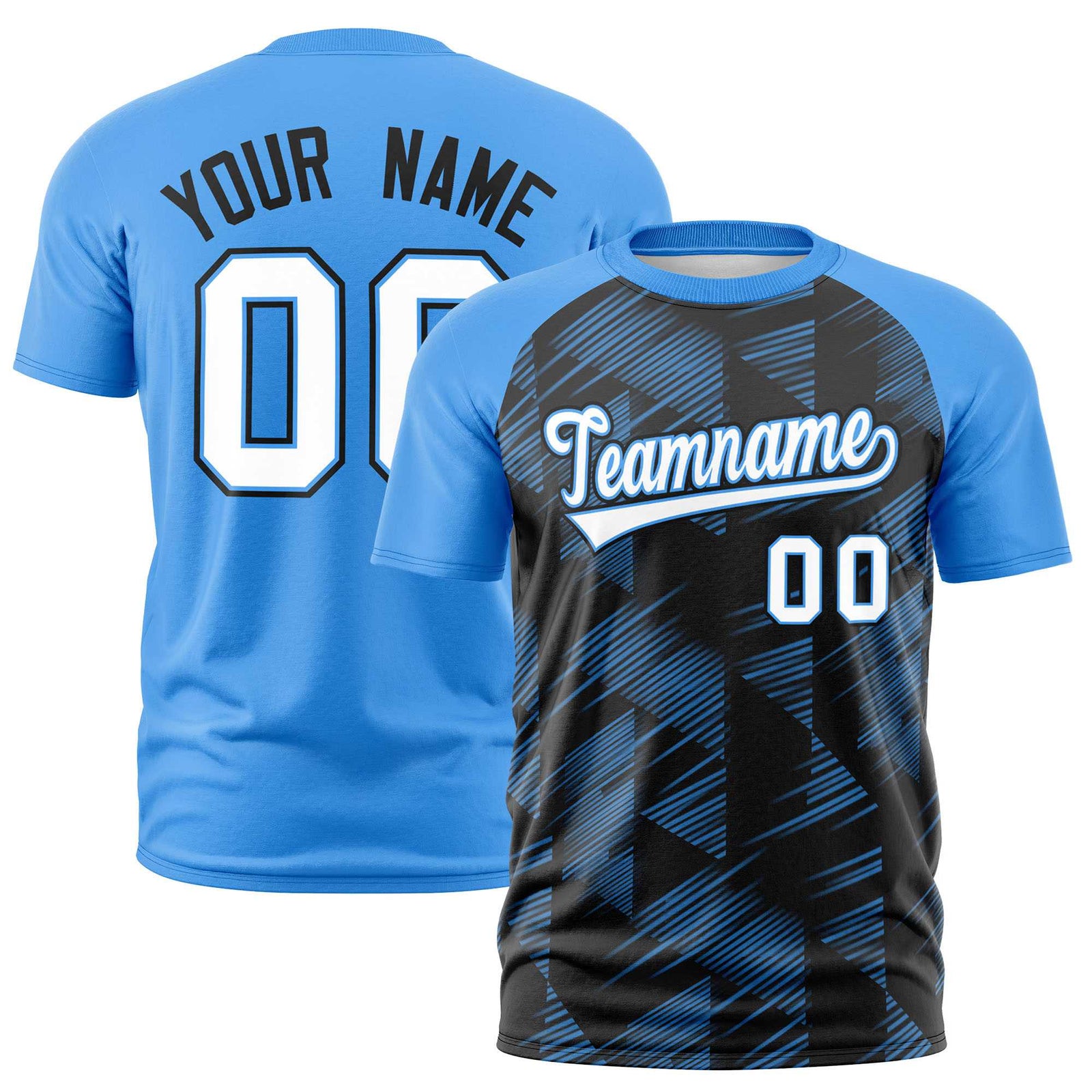 Custom Black Powder Blue Crew neck Triangular Shapes Design Performance T-Shirt