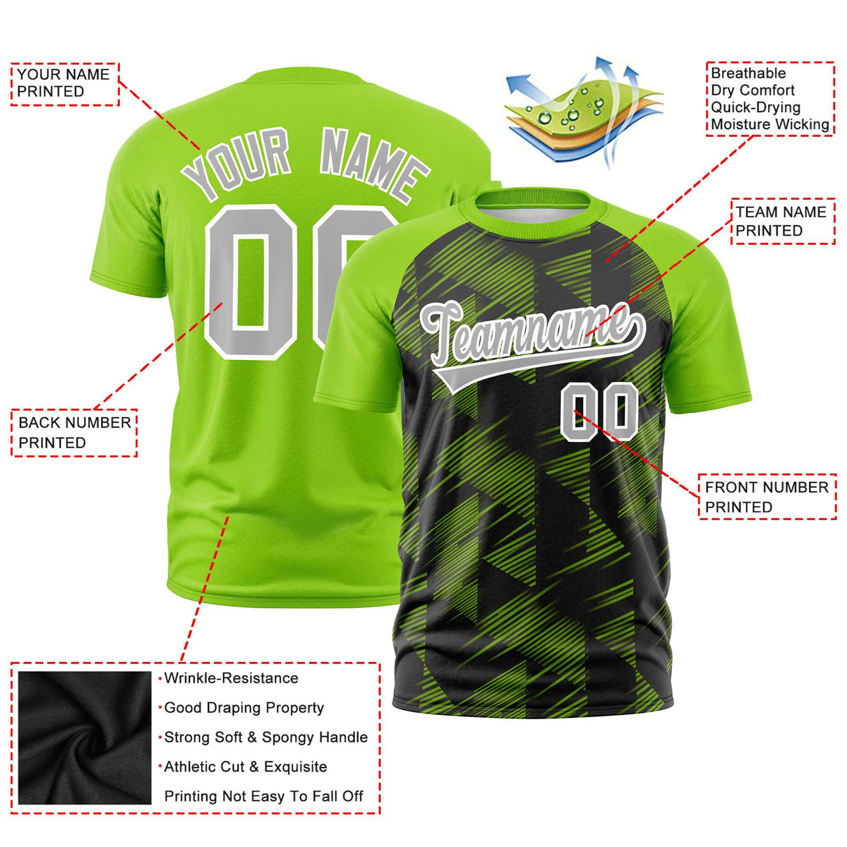 Custom Black Neon Green Crew neck Triangular Shapes Design Performance T-Shirt