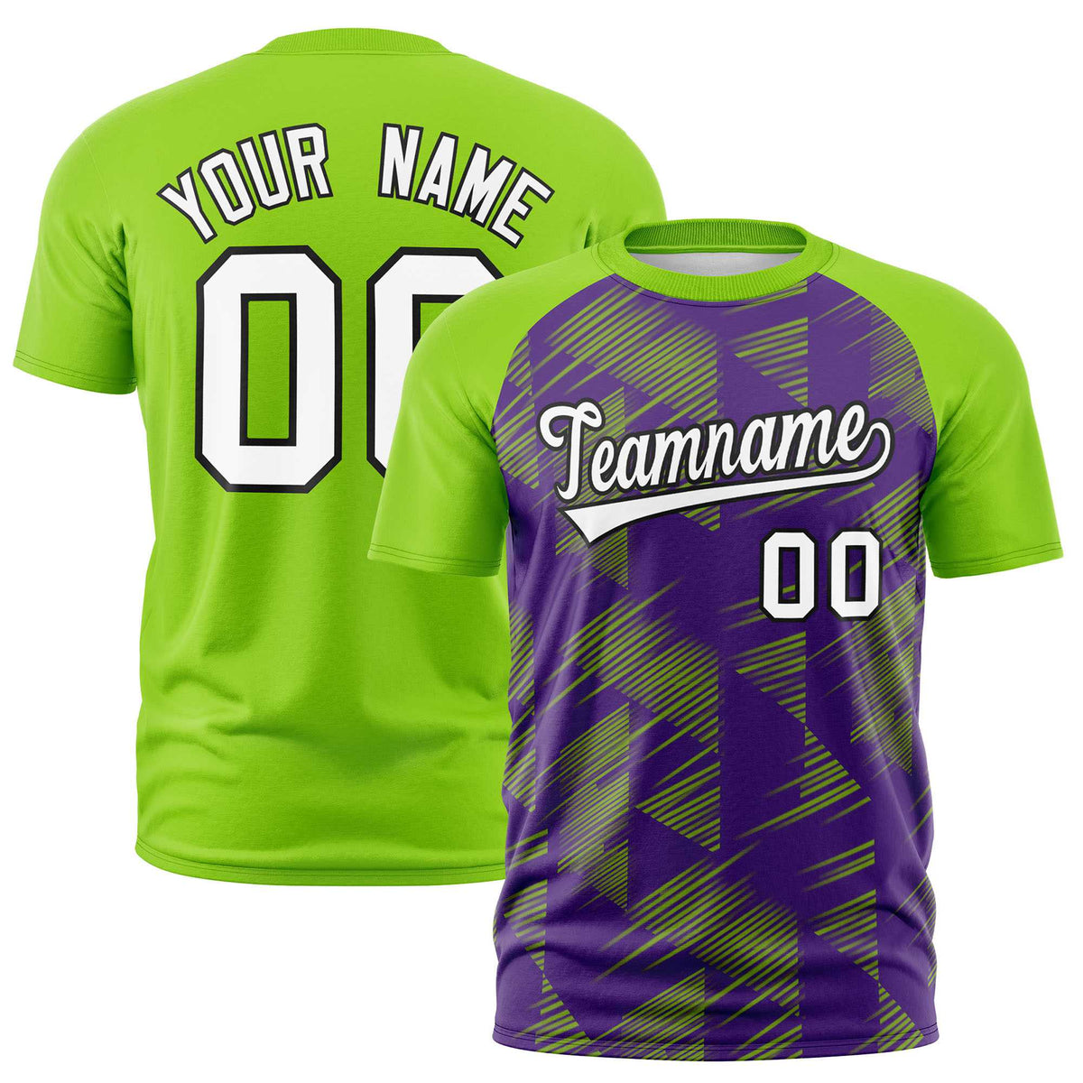 Custom Purple Neon Green Crew neck Triangular Shapes Design Performance T-Shirt