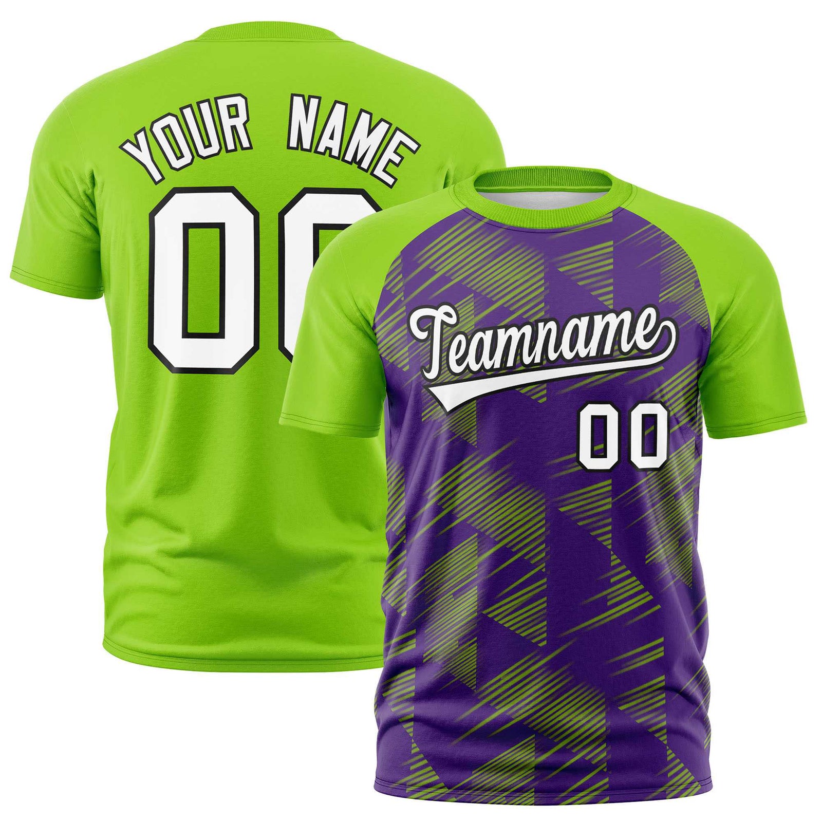 Custom Purple Neon Green Crew neck Triangular Shapes Design Performance T-Shirt