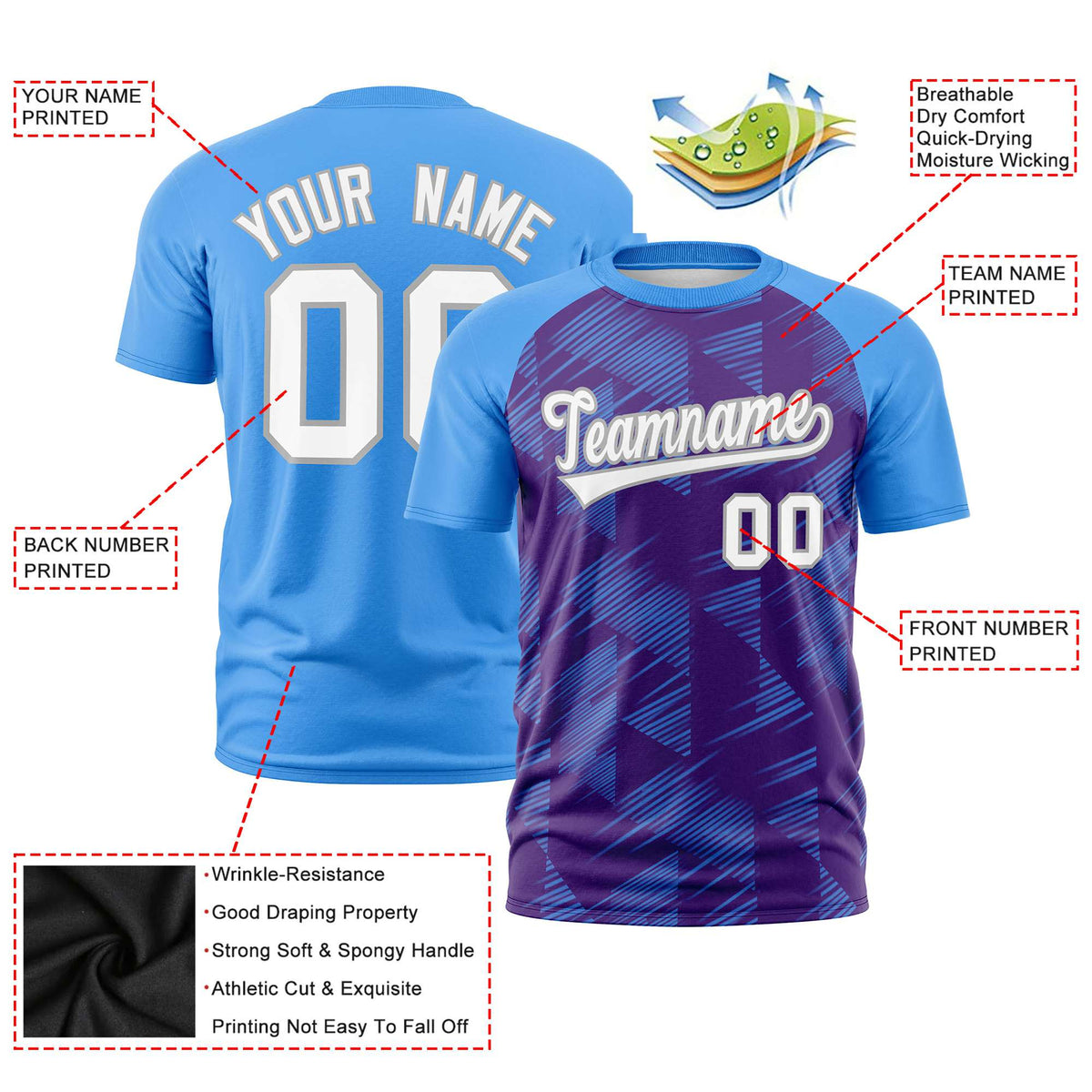 Custom Purple Powder Blue Crew neck Triangular Shapes Design Performance T-Shirt