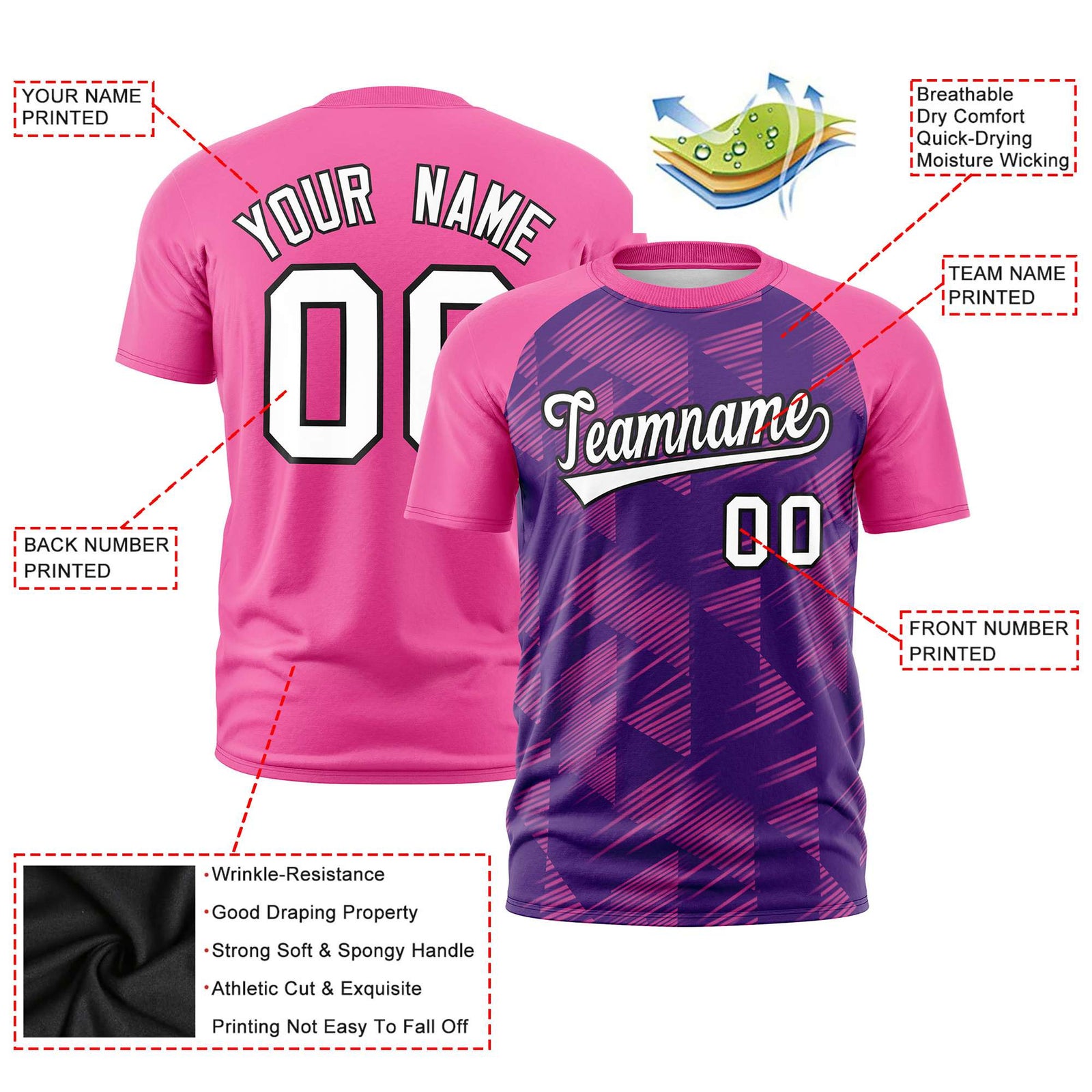 Custom Purple Pink Crew neck Triangular Shapes Design Performance T-Shirt