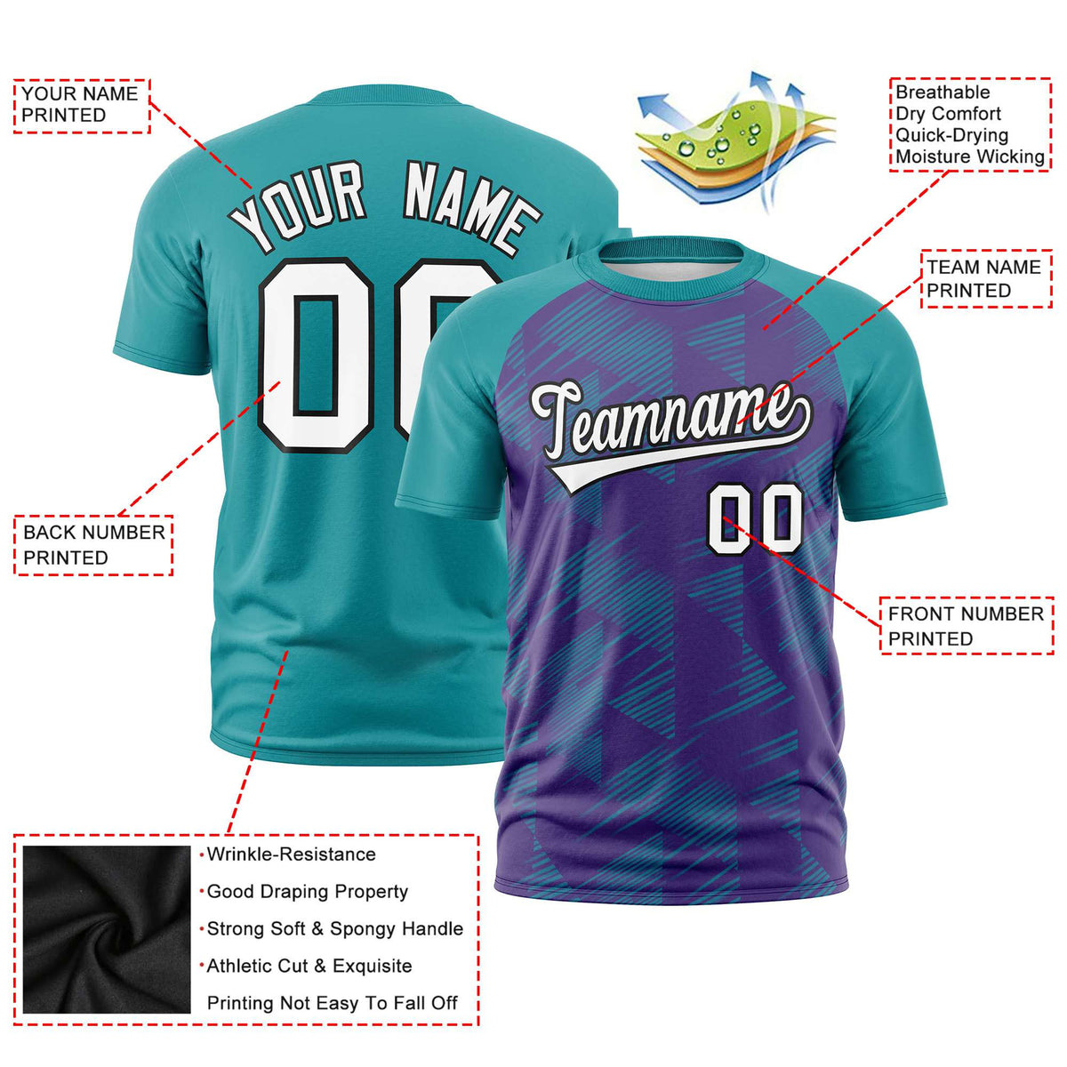 Custom Purple Aqua Crew neck Triangular Shapes Design Performance T-Shirt